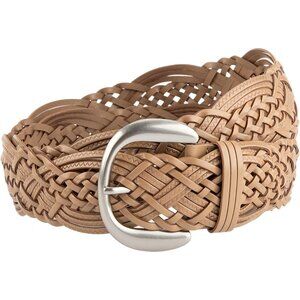 Women's Wide Braided Leather Belt with Silver Buckle, Hand-Woven Design with Sil